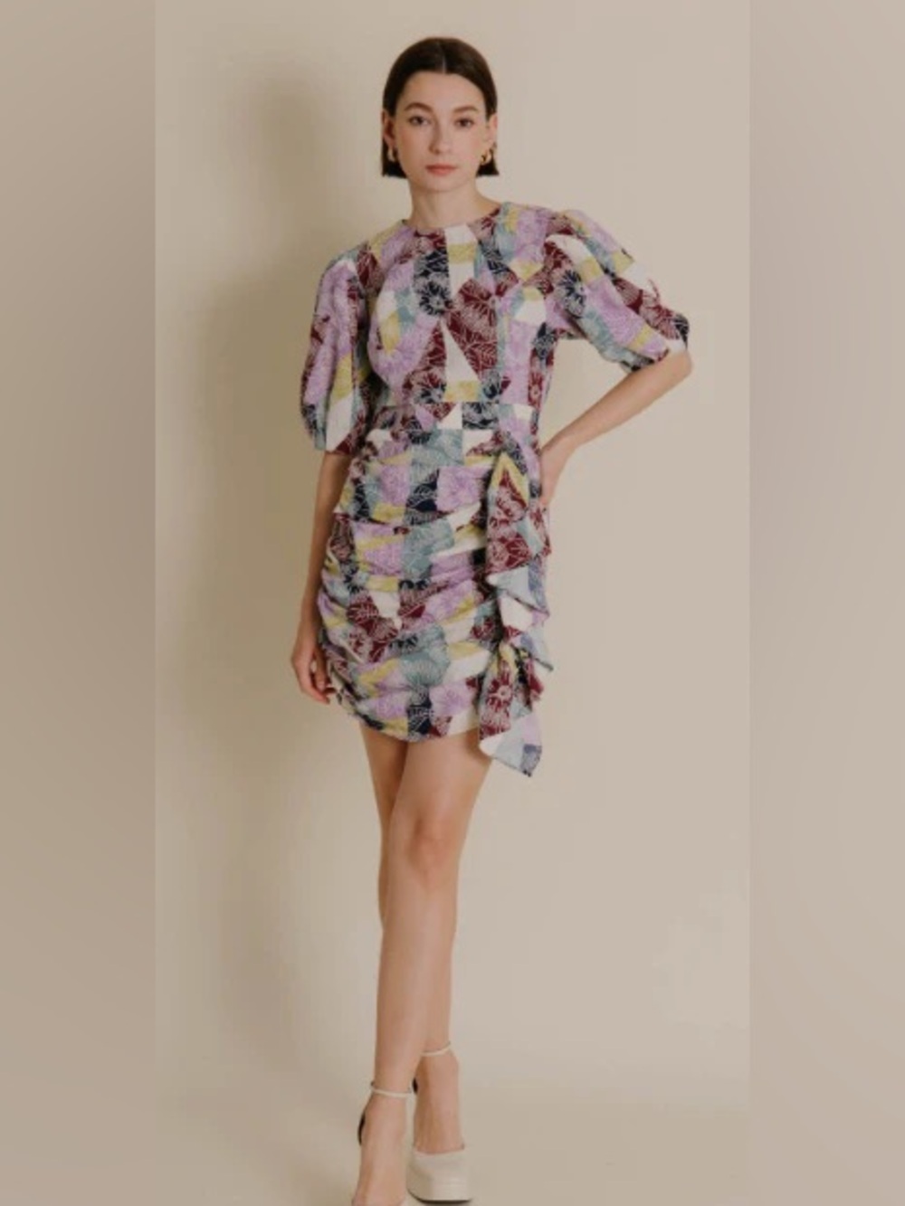 AUREUM Patchwork Earthy Muted Floral Ruffle Ruched Sash Mini Dress S Boho Jewel